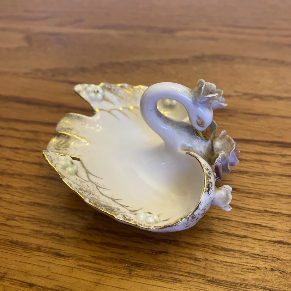 Vintage Lefton Porcelain Pink  Gilded‎ Gold Swan Trinket Dish Roses BEAUTIFUL
